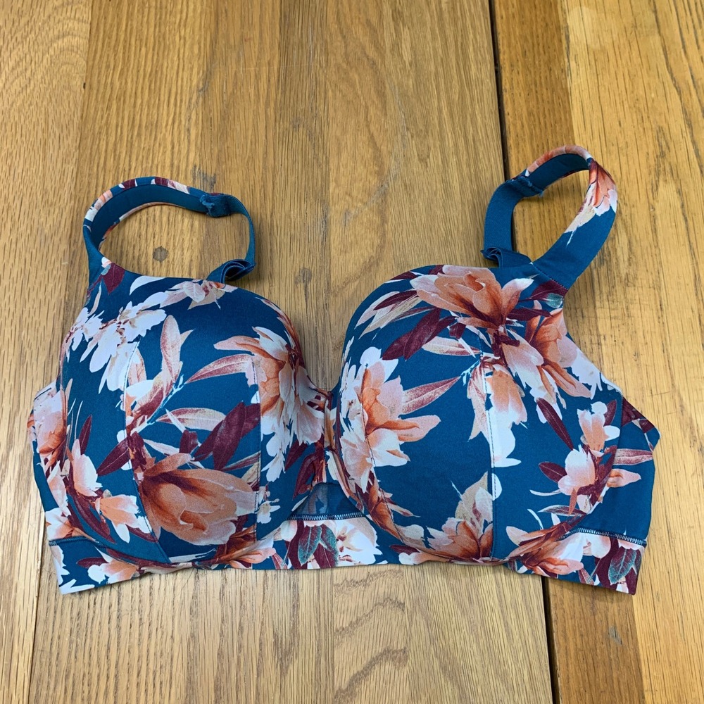 Cacique Teal Floral Lightly Lined‎ Balconette Bra 38DDD Underwire Adjustable